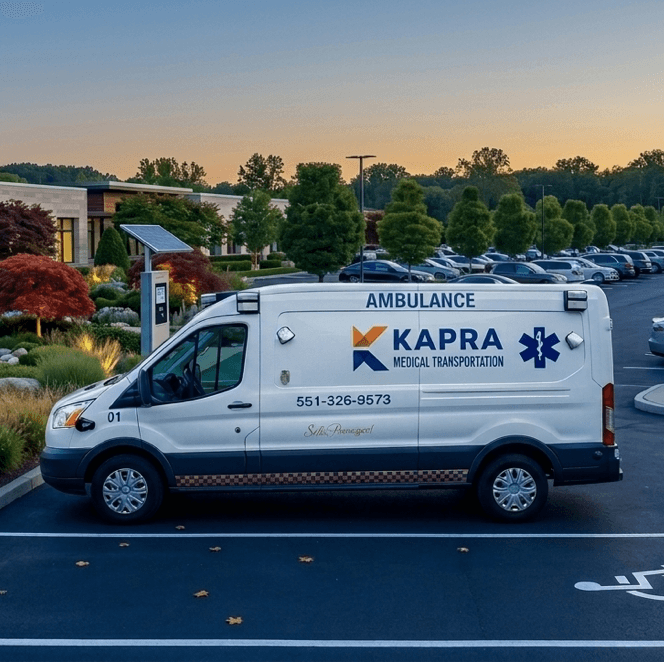 Kapra Medical Transport ambulance vehicle, professional emergency medical transport, clean white ambulance exterior